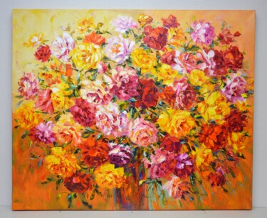 Painting titled "A large bouquet of…" by Iryna Kastsova, Original Artwork, Oil Mounted on Wood Stretcher frame