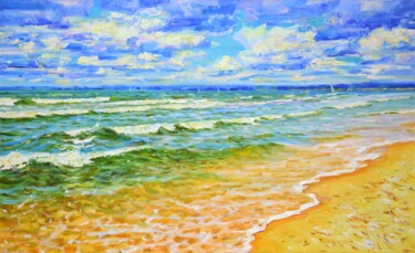 Painting titled "Sea. Yachts. Beach." by Iryna Kastsova, Original Artwork, Oil Mounted on Wood Stretcher frame