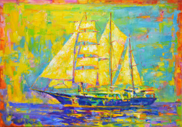 Painting titled "Ship" by Iryna Kastsova, Original Artwork, Oil Mounted on Wood Stretcher frame