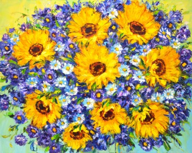 Painting titled "Sunflowers 19." by Iryna Kastsova, Original Artwork, Oil Mounted on Wood Stretcher frame