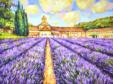 Painting titled "Lavender field in F…" by Iryna Kastsova, Original Artwork, Acrylic Mounted on Wood Stretcher frame