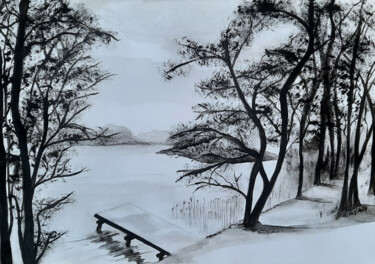 Malerei mit dem Titel "Au bord du lac" von Isa-Isarielle, Original-Kunstwerk, Aquarell