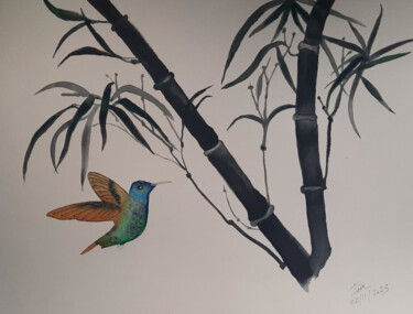 Peinture intitulée "L'oiseau et les bam…" par Isa-Isarielle, Œuvre d'art originale, Encre