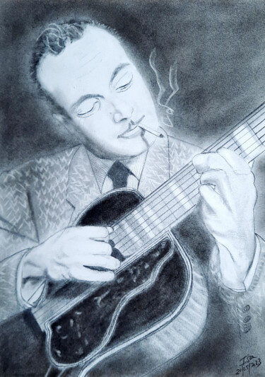 Drawing titled "Django Reinhardt" by Isa-Isarielle, Original Artwork, Pencil