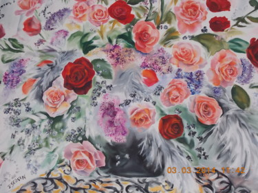 Painting titled "roses et plumes" by Isabelle Seguin, Original Artwork, Acrylic