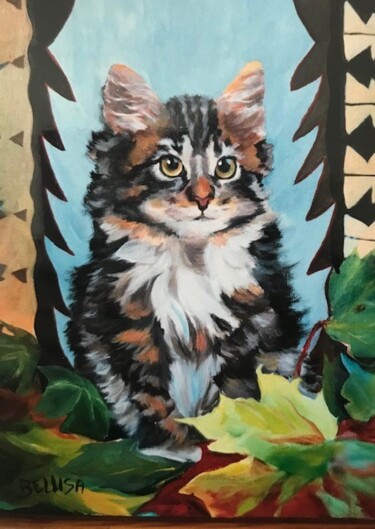 Painting titled "Chat d'Automne" by Isabelle Seguin, Original Artwork, Acrylic Mounted on artwork_cat.