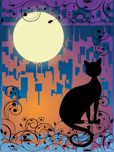 Artes digitais intitulada "O Gato e a Lua" por Isa Pítanga, Obras de arte originais, Pintura digital