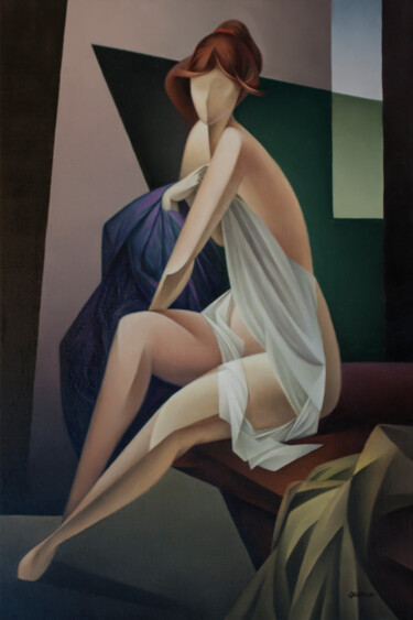 Schilderij getiteld "Model" door Isaac Feldman, Origineel Kunstwerk, Olie Gemonteerd op Frame voor houten brancard