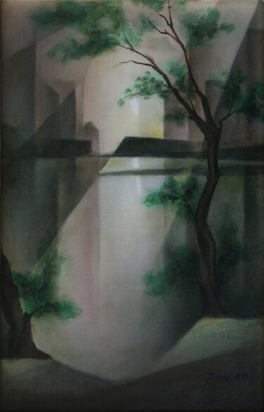 Картина под названием "City lake" - Isaac Feldman, Подлинное произведение искусства, Масло Установлен на Деревянная рама для…