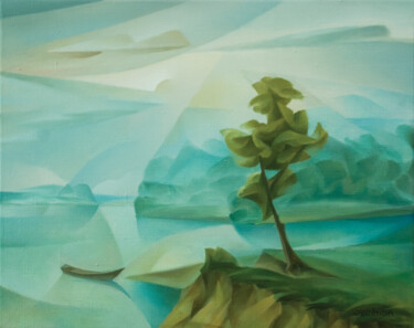 Painting titled "Dawn on the river" by Isaac Feldman, Original Artwork, Oil Mounted on Wood Stretcher frame