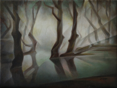 Schilderij getiteld "Forest lake" door Isaac Feldman, Origineel Kunstwerk, Olie Gemonteerd op Frame voor houten brancard