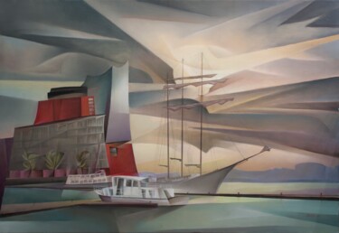 Painting titled "In The Port Of Hamb…" by Isaac Feldman, Original Artwork, Oil Mounted on Wood Stretcher frame