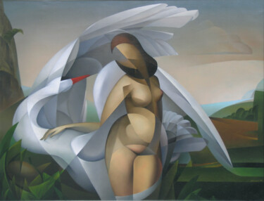 Painting titled "Leda and the swan" by Isaac Feldman, Original Artwork, Oil Mounted on Wood Stretcher frame