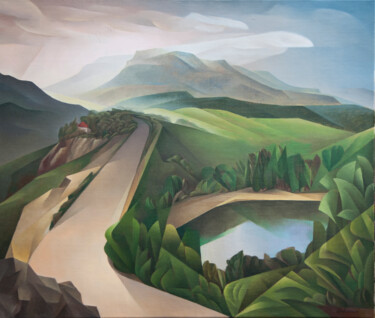 Painting titled "Mountain lake" by Isaac Feldman, Original Artwork, Oil Mounted on Wood Stretcher frame