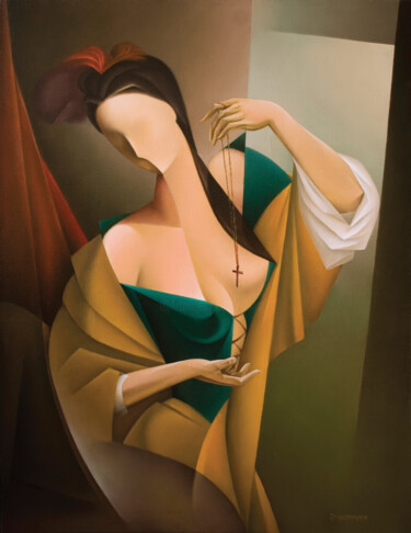 Schilderij getiteld "Patrizia" door Isaac Feldman, Origineel Kunstwerk, Olie Gemonteerd op Frame voor houten brancard