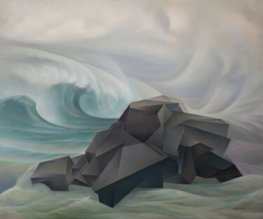 Pintura intitulada "Stone and waves" por Isaac Feldman, Obras de arte originais, Óleo Montado em Armação em madeira