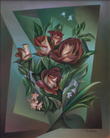 Schilderij getiteld "Roses" door Isaac Feldman, Origineel Kunstwerk, Olie