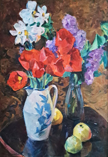 Painting titled "Tulips" by Isaac Tartakovsky, Original Artwork, Oil Mounted on Wood Stretcher frame