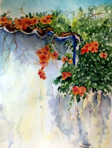 Painting titled "telhado-florido-28x…" by Isabel Alfarrobinha, Original Artwork, Watercolor