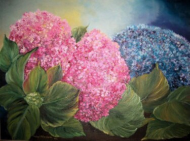 Painting titled "Hortênsias em molhe" by Isabel Alfarrobinha, Original Artwork, Oil