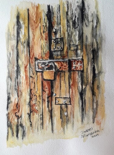 Картина под названием "The old door" - Isabel Alfarrobinha, Подлинное произведение искусства, Акварель