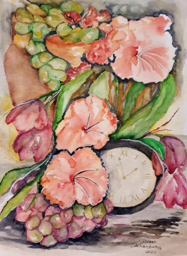 Pintura intitulada "Relógio florido" por Isabel Alfarrobinha, Obras de arte originais, Aquarela