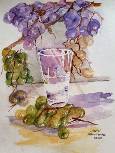 Pittura intitolato "O copo com uvas" da Isabel Alfarrobinha, Opera d'arte originale, Acquarello