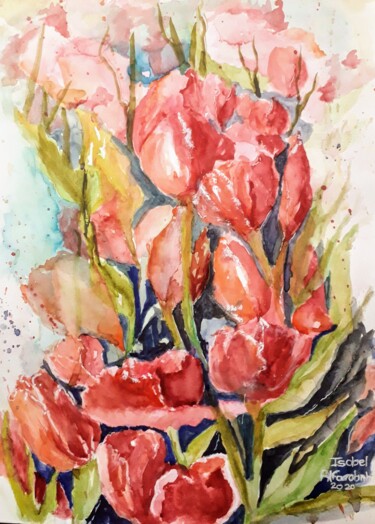 Peinture intitulée "Dança das tulipas" par Isabel Alfarrobinha, Œuvre d'art originale, Aquarelle
