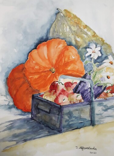 Painting titled "Frutos de outono" by Isabel Alfarrobinha, Original Artwork, Watercolor