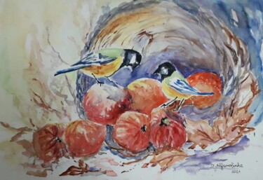 Peinture intitulée "Pássaros a picar ma…" par Isabel Alfarrobinha, Œuvre d'art originale, Aquarelle
