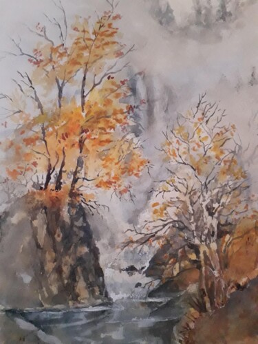 Pintura intitulada "Nevoeiro na Serra" por Isabel Alfarrobinha, Obras de arte originais, Aquarela