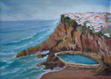 Painting titled "Azenhas do Mar" by Isabel Alfarrobinha, Original Artwork, Oil Mounted on Wood Stretcher frame