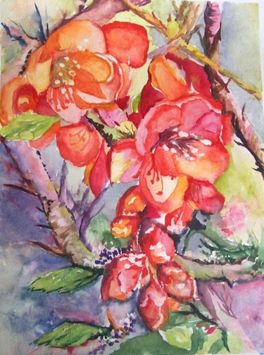 Pintura intitulada "Flor japonica" por Isabel Alfarrobinha, Obras de arte originais, Aquarela