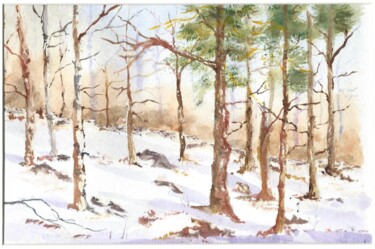 Pintura intitulada "Campo com neve" por Isabel Alfarrobinha, Obras de arte originais, Aquarela