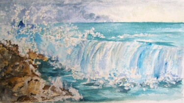 Pittura intitolato "Waves against rocks" da Isabel Alfarrobinha, Opera d'arte originale, Acquarello