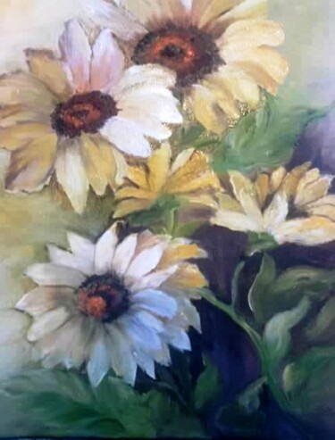 Painting titled "Flores amarelas" by Isabel Alfarrobinha, Original Artwork, Oil Mounted on Wood Stretcher frame