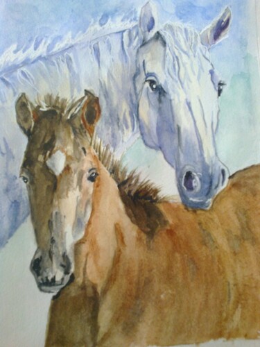Pittura intitolato "cavalos-32-x-21-300…" da Isabel Alfarrobinha, Opera d'arte originale