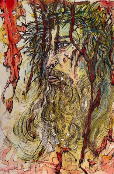 Malerei mit dem Titel "Jesus" von Isabel Ferrer, Original-Kunstwerk, Aquarell