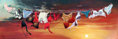 Schilderij getiteld "Lingerie au soleil…" door Isabel Mahe, Origineel Kunstwerk, Olie Gemonteerd op Frame voor houten branca…