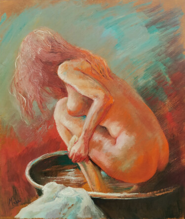 Malarstwo zatytułowany „Femme au tub” autorstwa Isabel Mahe, Oryginalna praca, Olej Zamontowany na Drewniana rama noszy