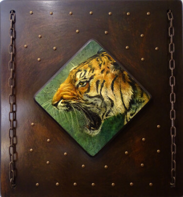 Malerei mit dem Titel "Le Dernier Tigre" von Isabel Mahe, Original-Kunstwerk, Öl Auf Andere starre Platte montiert