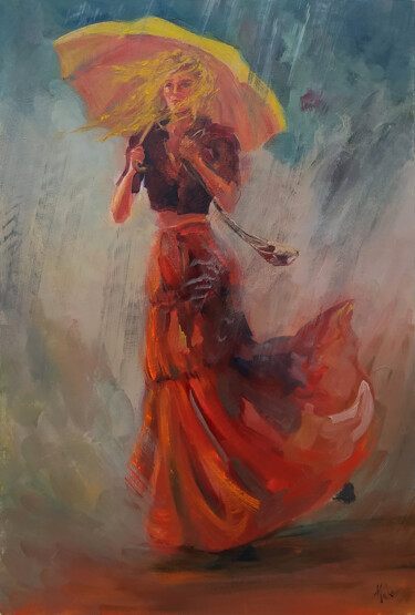 Painting titled "Le parapluie jaune…" by Isabel Mahe, Original Artwork, Oil Mounted on Wood Stretcher frame