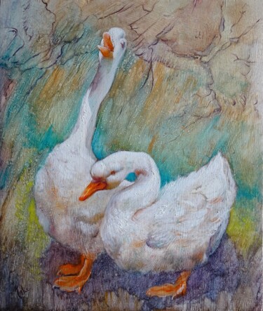 Pintura intitulada "Les Oies Blanches" por Isabel Mahe, Obras de arte originais, Óleo