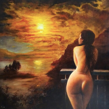 Ζωγραφική με τίτλο "Au soleil couchant…" από Isabel Mahe, Αυθεντικά έργα τέχνης, Λάδι Τοποθετήθηκε στο Ξύλινο φορείο σκελετό