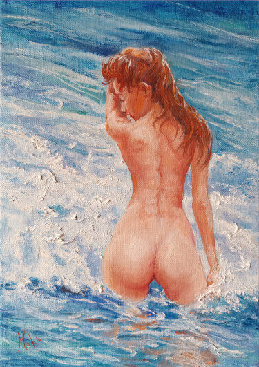 Painting titled "Petite Baigneuse" by Isabel Mahe, Original Artwork, Oil Mounted on Wood Stretcher frame