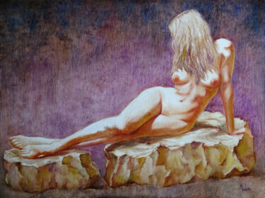 Painting titled "La Vierge au Rocher…" by Isabel Mahe, Original Artwork, Oil Mounted on Wood Stretcher frame
