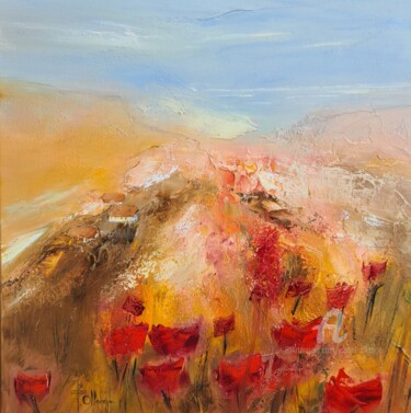 Painting titled "Coquelicots abstrai…" by Isabel Ollange, Original Artwork, Oil Mounted on Wood Stretcher frame
