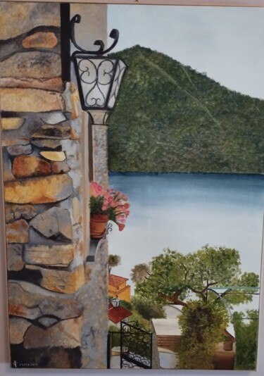 Painting titled "Casa sul lago" by Isabella Corcelli, Original Artwork, Oil Mounted on Wood Stretcher frame