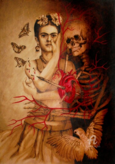 Dibujo titulada "Frida contro la mor…" por Isabella Maria B - Isamarbuc, Obra de arte original, Madera