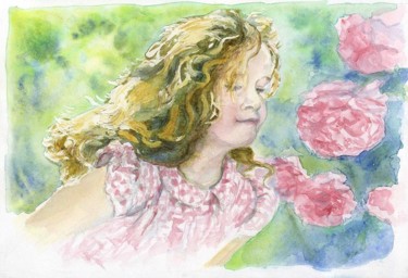 Painting titled "Morgane aux roses" by Isabelle Rombi, Original Artwork, Watercolor